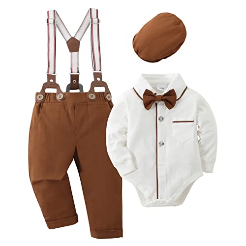 Image of CARETOO Baby Boy Clothes Suit Infant Gentleman Boy Outfits Dress Shirt/Bowtie/Suspender Pants Set 0-18 Months