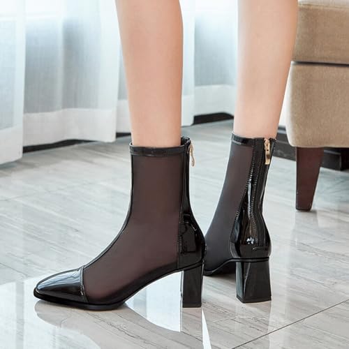 Alyaafifa Mesh Bootie Sandals for Women with Heel 2 Inches Comfortable Chunky Block Heel Closed Square Toe Patent Leather Back Zipper Dressy Summer Shoes Party Event Prom Date2