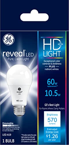 GE Reveal LED HD+ Light Bulb, 10.5 Watt (60 Watt Equivalent) Medium Base, Dimmable (1 Pack)