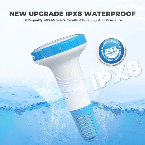 HEYAXA Wireless Floating Pool Thermometer outdoor sensor floating in water, highlighting its IPX8 waterproof rating and durable ABS materials.