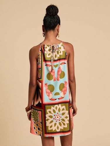 Image of KATECLO Women's Summer Halter Neck Printed Mini Dress - Casual Loose Fit Sleeveless Boho Beach Dress, Lightweight Vacation Sundress for Women