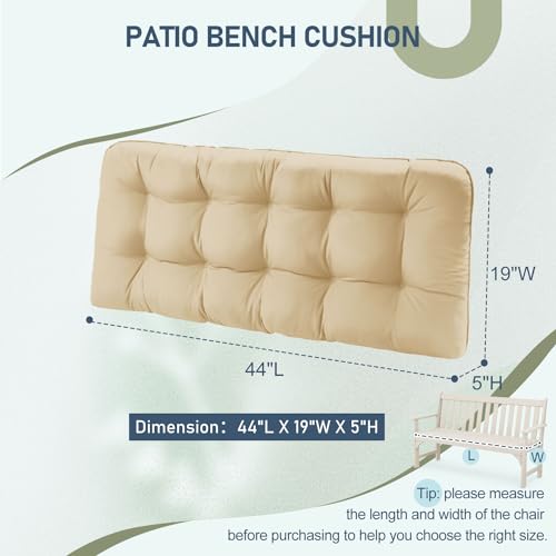 downluxe Outdoor Bench Cushion for Patio Furniture, Waterproof Tufted Overstuffed Porch Swing Cushions, Thick Outdoor Loveseat Cushions, 44\" X 19\" X 5\", Khaki, Set of 1