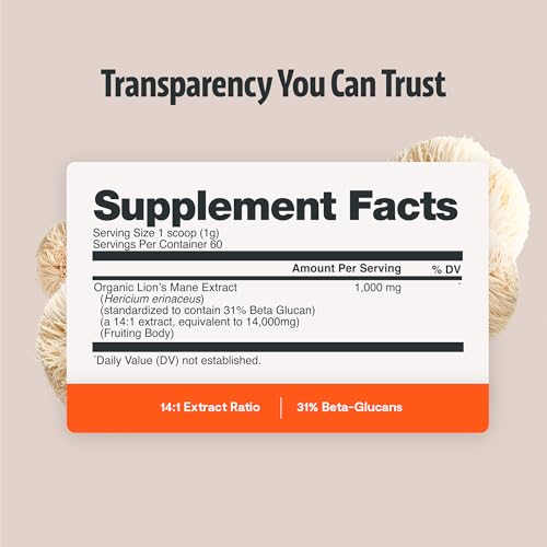 Image of FreshCap Mushrooms Premium Organic Lions Mane Powder - 14:1 Fruiting Body Extract with 31% Beta-Glucans - 3rd-Party Tested Nootropic for Clarity, Focus & Cognitive Support (60 Servings)