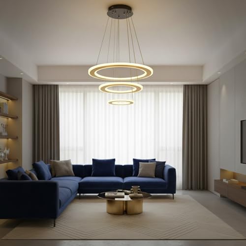 Image of 3 Ring Modern LED Chandelier Ceiling Lamp | Gold Finish Pendant Light with 3 Color | Decorative Chandelier for Living Room, Dining Room, Bedroom, Restaurants & Cafe Interior, Home & Office