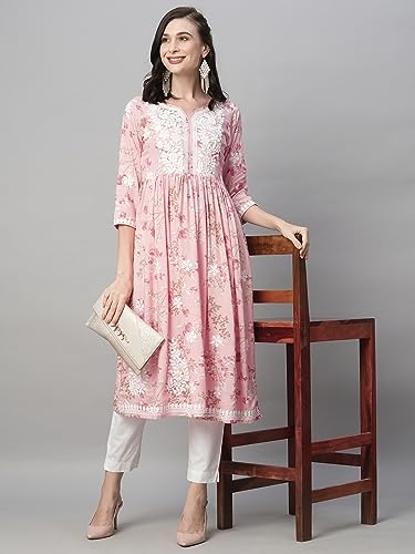 Image of RATAN Women's Rayon Printed Anarkali Lucknowi Chikankari Ethnic Wear Kurta