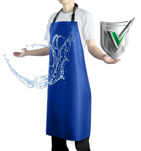 Image of Vammcht Waterproof Rubber Vinyl Apron Heavy Duty Chemical Resistant Work Apron Extra Long Grilling Aprons with Adjustable Bib Apron for Dishwashing Lab Butcher Cooking Kitchen Blue