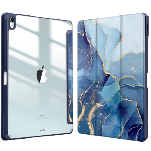 Image of Fintie Hybrid Slim Case for iPad Air 13-inch (M2) 2024, [Built-in Pencil Holder] Shockproof Cover with Clear Transparent Back Shell, ocean marble