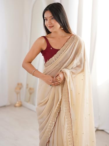 Image of AKHILAM Women's Shimmer Off White Georgette Sequence Embroidery Saree With Unstitched Blouse Piece