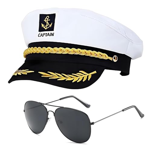 Kapitänsmütze für Erwachsene,Verstellbare Marine MüTze für Herren Inklusive Sonnenbrille, Yacht Matrosenmütze Schiff Seemannsmütze Seemann Karneval Yacht Schiff Boot Marine Mütze Für Damen, Männer