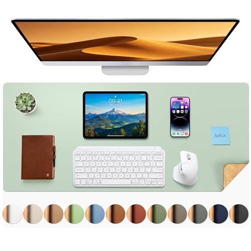 Aothia Double-Sided Desk Pad - 35.4" x 15.7" Leather Desk Mat with Eco Cork Protector, Large Mouse Pad, Waterproof Desk Blotter for Office/Home (Aqua)