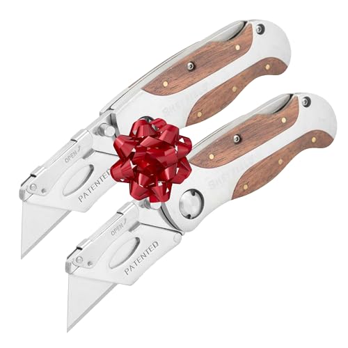 Sheffield 12525 Premium Lock Back Utility Knife 2 Pack, Stocking Stuffers, Gifts for Men, Dad Gifts, Box Cutter Knife, Carpet Knife, Drywall Cutter, Quick Change Blade, Aluminum and Wood Handle