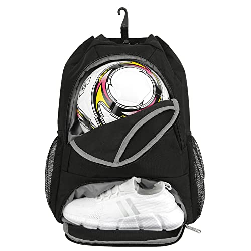 sportsnew Drawstring Football Bag Basketball Backpack String Swimming PE Bag with Shoes Compartment and Wet Pocket, Gym Sackpacks for Men Women, Black
