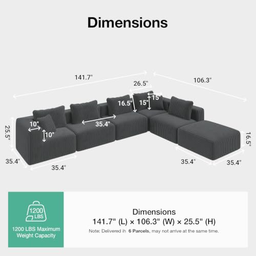 Image of Novilla 141 inch Modular Sectional Sofa, V Shape Customizable Sectional Couch, Modern Cloud Design with Smarts Coil Support, Boneless Couch for Living Room Apartment, No Assembly Required, Dark Gray