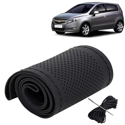 Image of KINGSWAY PU Leatherite Car Steering Cover Sewable Compatible with Chevrolet Sail UVA (Year 2012-2017), Black Color with Black Thread, Pack of 1 with Sewing Needle and Thread