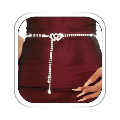 Abien Rhinestone Belts for Women Silver Crystal Waist Chain Heart Chain Belt Thin Rhinestone Belt for Dresses