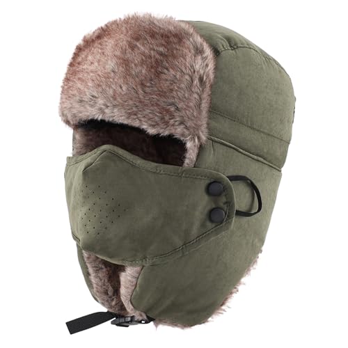 Home Prefer Mens Warm Faux Fur Trooper Trapper Hat Outdoor Reflective Winter Hunting Hat with Ear Flaps Face Mask (US, Alpha, Large, Army Green)