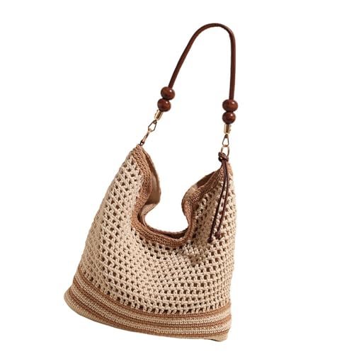 Sac à bandoulière pour femme en paille tressée kaki à grand volume de rangement