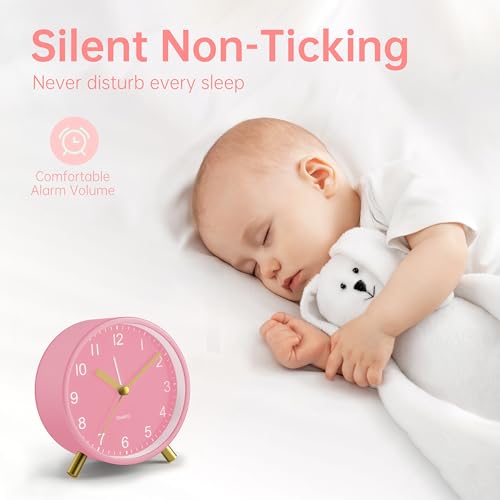 Image of JALL Analog Alarm Clock, 4 inch Super Silent Non Ticking Small Clock with Night Light, Battery Operated, Simple Design, Easy Setting for Office, Bedroom, Bedside, Desk, Teens, Elders, Adult, Pink
