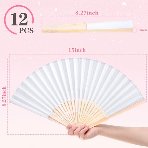 JOHOUSE 12 Pcs White Fabric Folding Hand Fans 8.3 Inch – Foldable Handheld Fans for Women, Wedding Guest Gifts, Party Favors, Dancing Props, DIY Crafts & Summer Cooling