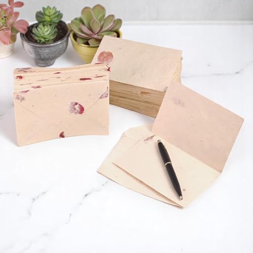 Image of Kathmandu Valley Co. 50 Vintage 4x6 Handmade Lokta Paper Nepali Cherish Greeting Cards & Matching Decorative Flower Petal Envelopes. Folded blank cards. Handmade In Nepal. (Bougainvillea)