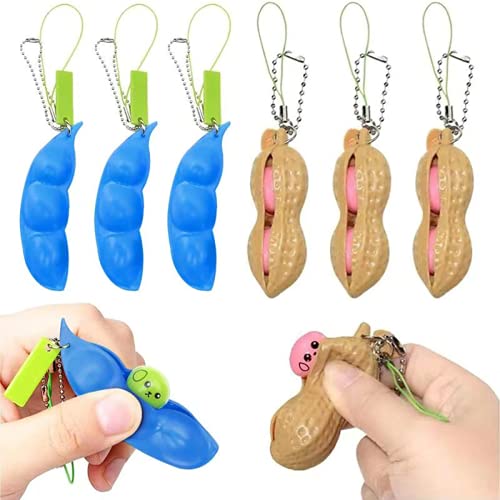 Ancoo 6PCS Sensory Bean Toys ,Funny Facial Expressions Squeeze-a-Bean Toys Bean Chain Ornament Toys for Stress Anxiety Relieving, Squeeze Keychain Toy for Kids Adults (3 Blue Beans + 3 Peanuts)