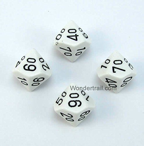 Wondertrail WCXPQ1101E4 White Opaque Dice with Black Numbers 10s D10 Aprox 16mm (5/8in) Pack of 4 Dice Chessex