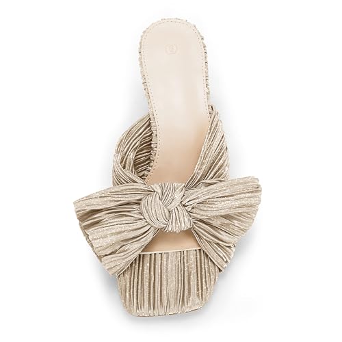 Image of Coutgo Womens Bow Heeled Sandals Pleated Bowknot Heels Open Square Toe Cute Kitten Heel Mules Slip On Wedding Dress Shoes