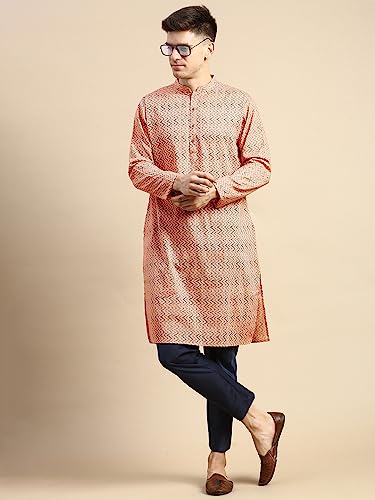 Image of Men's Black Art Silk Regular Fit Ethnic Motifs Kurta | Indian Kurta | Festive Ethnic Kurta with Embroidered Packet