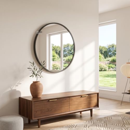 Image of Ali.G.I Round Wall Mirror, Modern Metal Framed Decorative Circle Vanity Mirror for Bathroom, Living Room, Bedroom & Entryway (Black 24 inch.)