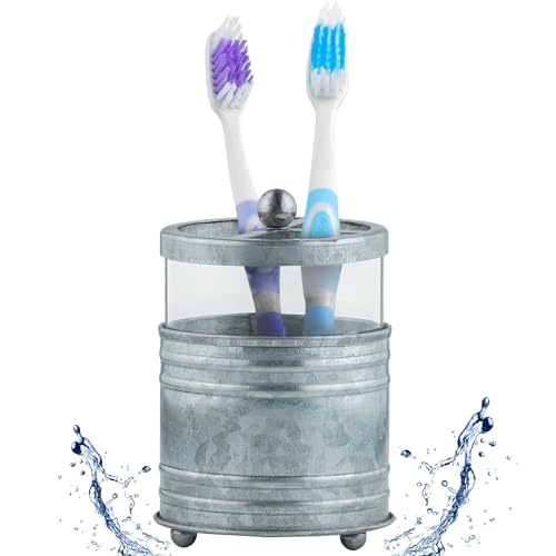 Autumn Alley Glass and Galvanized Toothbrush Holder - Rustic Farmhouse Toothbrush Holder for Bathroom - Charming Galvanized Rustic Bathroom Accessories