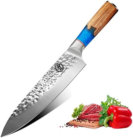 ZENG JIA DAO Chef Knife 8″ – Professional Kitchen Knife – Razor Sharp Chefs Knife with Hammer Finish, Ergonomic Pakkawood Blue Resin Handle