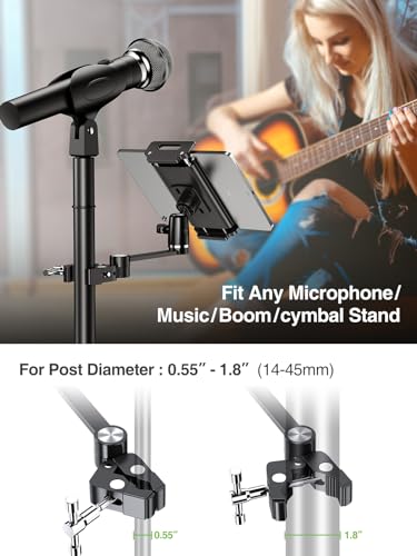 elitehood 8.5in Long Arm iPad Holder for Mic Stand, 360° Adjustable Aluminum Mic Stand Tablet Holder for Microphone & Stage Music, iPad Mount Compatible with 4-13in Tablets, iPhone and Phones