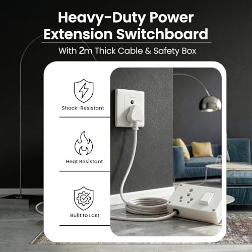 Image of 16A Heavy Duty Switch Extension Board with Universal Socket & Switch - Supports Up to 2500W, 1.5 Sq Mm 3 Core Wire, Shock & Heat Resistant Power Board for Home, Kitchen & Workshop, 2M Cable