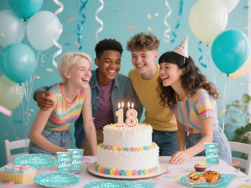 Bikasun Hellblau Partygeschirr Set, 16 Gäste Blau Diamant Geburtstag Geschirr, Kindergeburtstag Teller Becher Servietten Pappteller Party Deko Mädchen Jungen Tischdekoration
