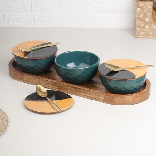 Image of The Earth Store Teal Diamond Ceramic Bowl Serving Set - 3 Bowls (500ml Each) with Wooden Tray, 3 Spoons & 3 Multipurpose Lids /Coaster - for Snacks, Curries, Desserts & Fruits