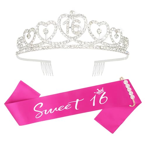 CURASA Sweet 16 Sash and Tiara - Silver Crown and Hot Pink Sash for 16th Birthday