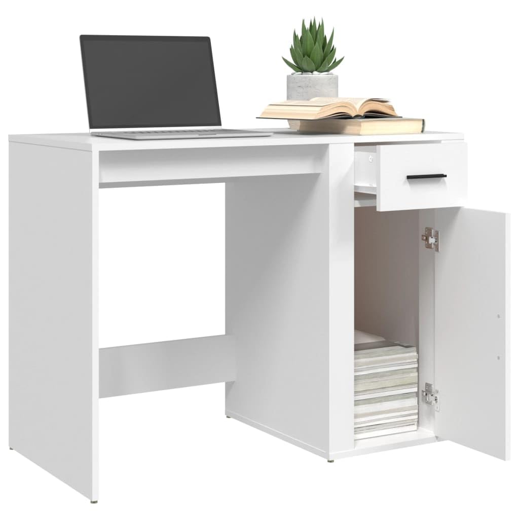 Schreibtisch Weiß Holzwerkstoff 100x49x75 cm mit Schublade und Schrank Stauraum für Homeoffice Arbeitszimmer PC Laptop Sekretär ergonomisch platzsparend vielseitig für Schüler und Gaming
