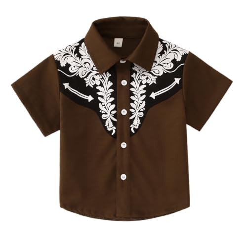 CM C&M WODRO Toddler Baby Boy Western Button Down Shirt Kid Vintage Cowboy Rodeo T-Shirt Country Short Sleeve Summer Clothes(Brown 5-6 Years)