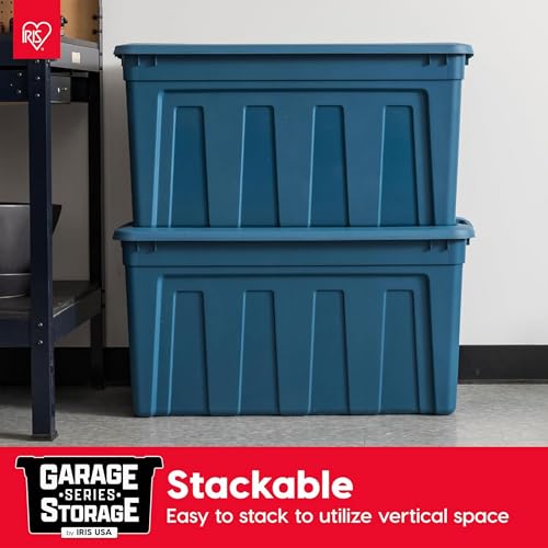 Image of IRIS USA 31 Gallon Eco-Friendly Heavy Duty Storage Totes with Easy-Grip Handles, 8 Pack - Large Bins with Lids Garage Organizing Tubs, Durable Stackable Utility Containers, Made in USA - Navy