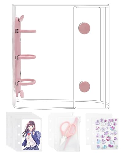GOKEI シール帳 プラバン 透明 A8 ミニ バインダー 【リフィル×20枚 チャック付きボケット×2枚 下敷き×2枚】 PPシート カードポケット シール台紙 手帳 プリ帳 カードスリーブ 透明シール帳 はがせる バインダー型ノート 女の子 コラージュノート (ピンク)の画像