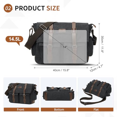 Canvas Crossbody Bag for Men and Women, Vintage Shoulder Bag with Multiple Pockets and Adjustable Strap, Fits 13 Inch Laptops, Black3