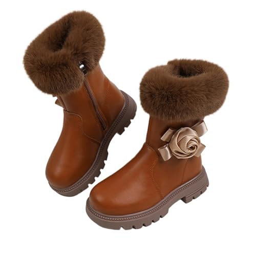 Girls Fuzzy Snow Boot Fall Winter Warmth Side Zip Up Floral Decor Shoes Mid Calf Chunky Bottom Leather Toddler Boots
