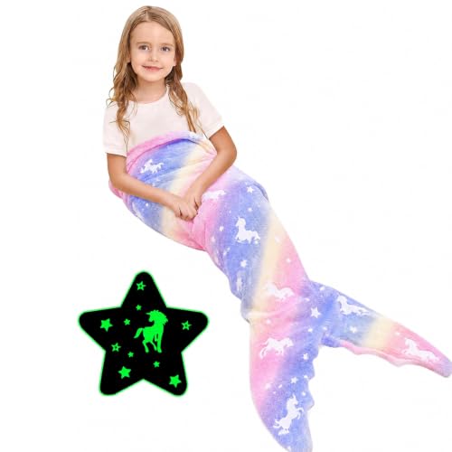 Ranedo Mermaid Tail Blanket for Girls Glow in The Dark Unicorn Flannel Throw Soft All-Season Wearable Snuggle Blanket Gift for Kids & Teens 110 × 45 cm Purple