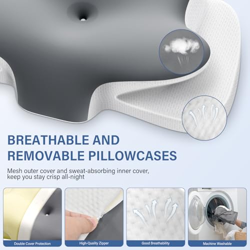 Ehomfory Nackenstützkissen Atmungsaktiv Memory Foam Kissen Nackenkissen Kopfkissen, Ergonomisch Seitenschläferkissen für Seiten, Rücken & Bauchschläfer, 65x37x10/12cm