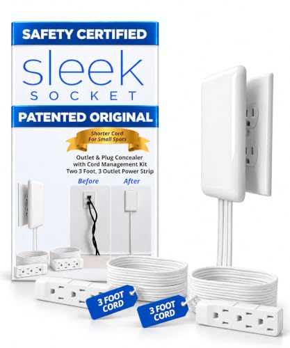Sleek Socket Original & Patented Ultra-Thin Outlet Concealer with Cord Concealer Kit, Flat Extension Cord with Multi Outlets Power Strip, Ideal for Home Improvement, Hide Bulky and Messy Cords