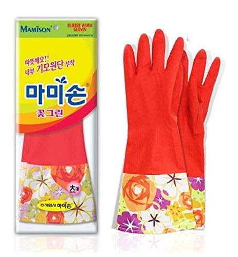 MAMISON Florian Flower Fuzzy Reusable Waterproof Kitchen Rubber Non Slip Gloves One Pairs [ 1 Pairs ], gimo rubber glove, Waterproof, Korean Kitchen Tools, Washing dish 기모고무장갑