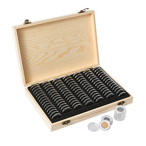 Caja de madera con 100 cápsulas plásticas para monedas 30mm miniatura 1