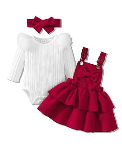 Image of Megeoly Baby Girl Spring Skirt Set Newborn Overall Dress Long Sleeve Ribbed Romper Suspender Skirts 3Pcs Outfits