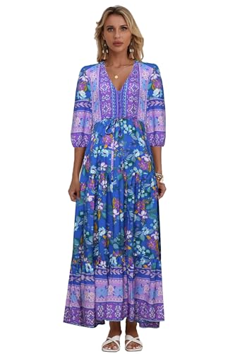 Image of Women Short Sleeve V Neck Floral Print Casual Bohemian Maxi Dresses
