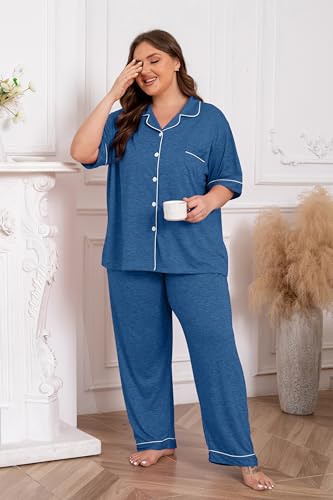 Image of Vozanet Women Plus Size Pajamas Button Down Rayon Softness PJS Classic Sleepwear Short Long Loungewear 2pcs with Pockets